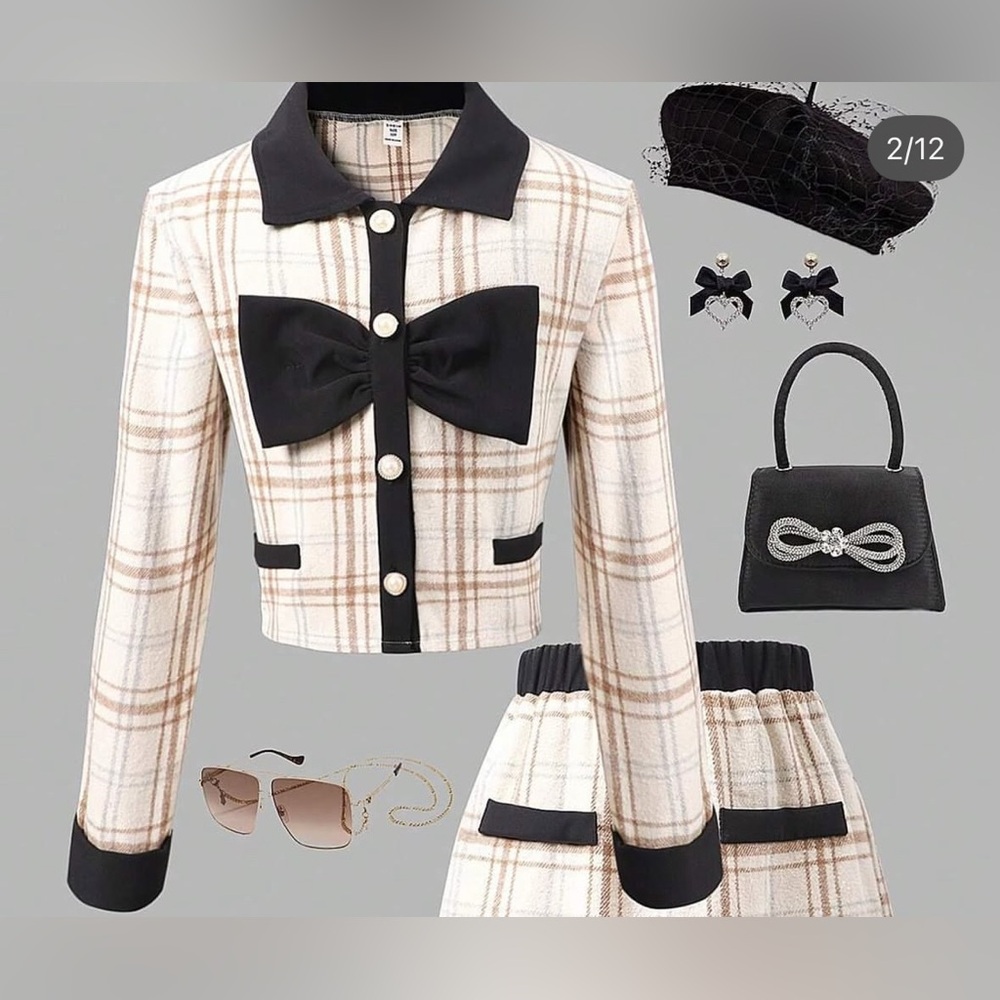 (B3)‎ SHEIN Girls Cream Black Plaid Bow Statement Jacket Top 8Y - Picture 2 of 10